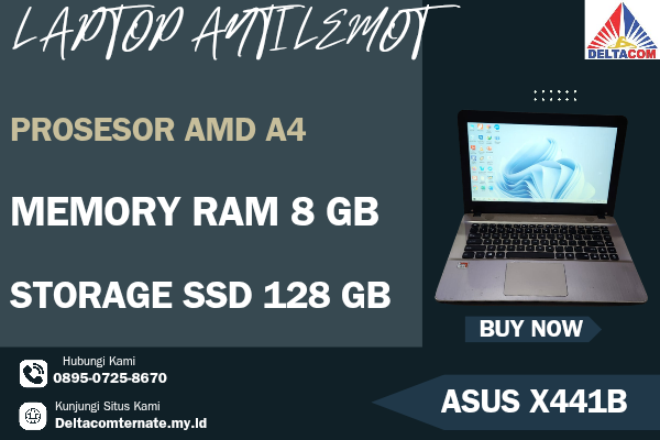 ASUS X441B , TYPE BARU BODY SLIM, PROSESOR AMD A4 MEMORY RAM 8 GB STORAGE SSD 128 GB DISPLAY 14 INCH MULUS, WARNAH GOLD, LECET SDIKIT,